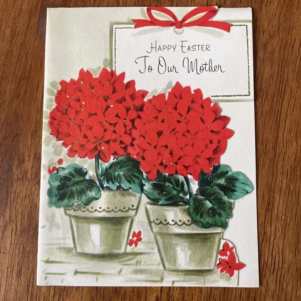 Vtg Gibson Spring Happy Easter Mother Flowers Glitter Die Cut Greeting Card